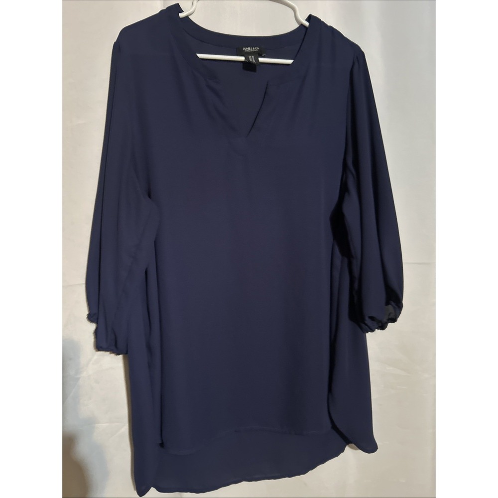 Jones & Co Women's Office  Navy 3/4 Sleeve V-Neck Pullover Blouse Top Size 1X